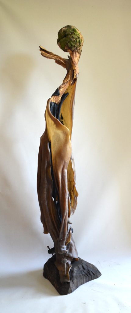 Matka/Mother, 166x41x32 cm, drevo/wood, koža/leather, klince/nails, 2023